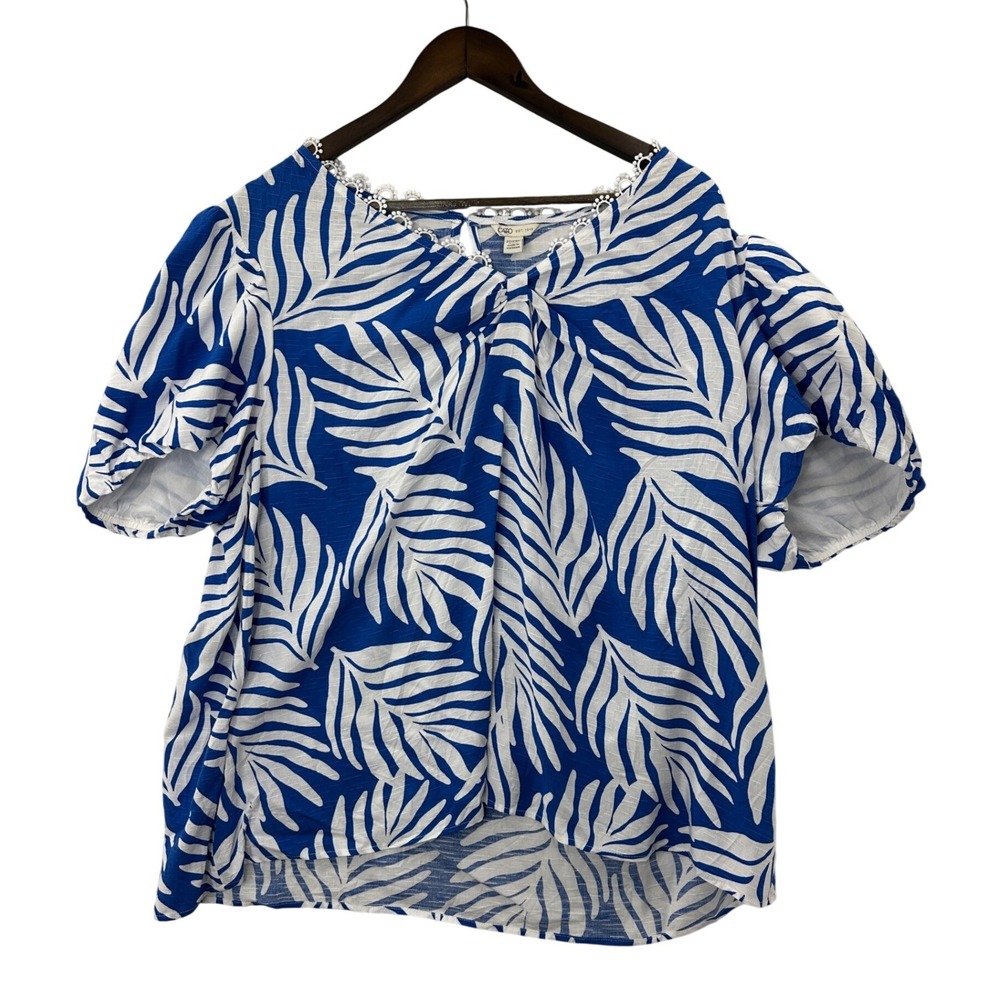 Cato Plus Size 22/24W Blue White Leaf Print Tie Front Top